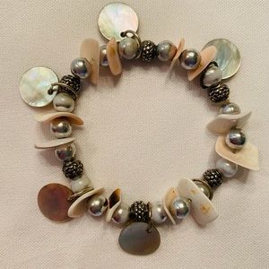 Stretch Bracelet with mother-of-pearl discs, pearls, & vintage balls